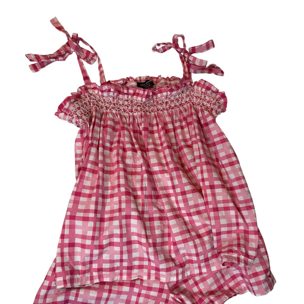 Kate Spade New York Pink Gingham Pajama Set Smocked Tie Strap Cami Shorts Medium